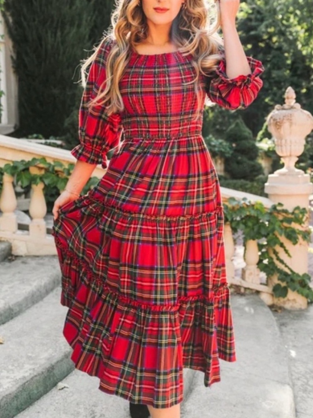 Ivy City Co Madeline Red Plaid Smocked Square Neck Midi Dress Medium